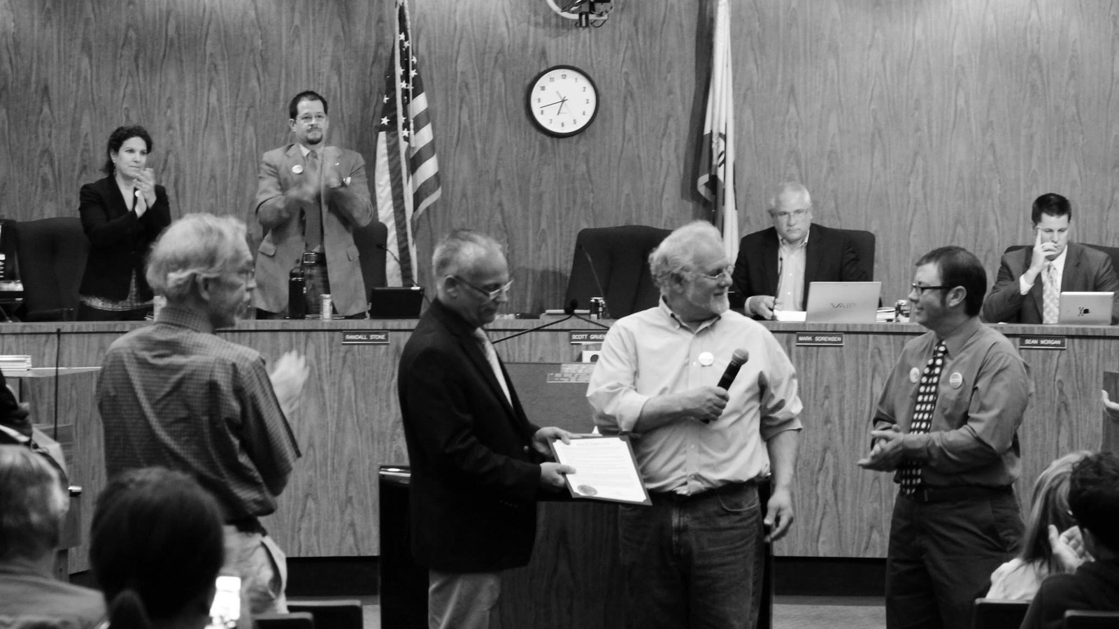 Recognition presentation in Chico City Council chambers while councilmembers applaud
