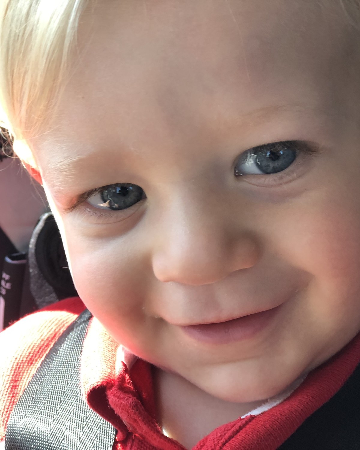 Smiling infant secured in a child safety seat