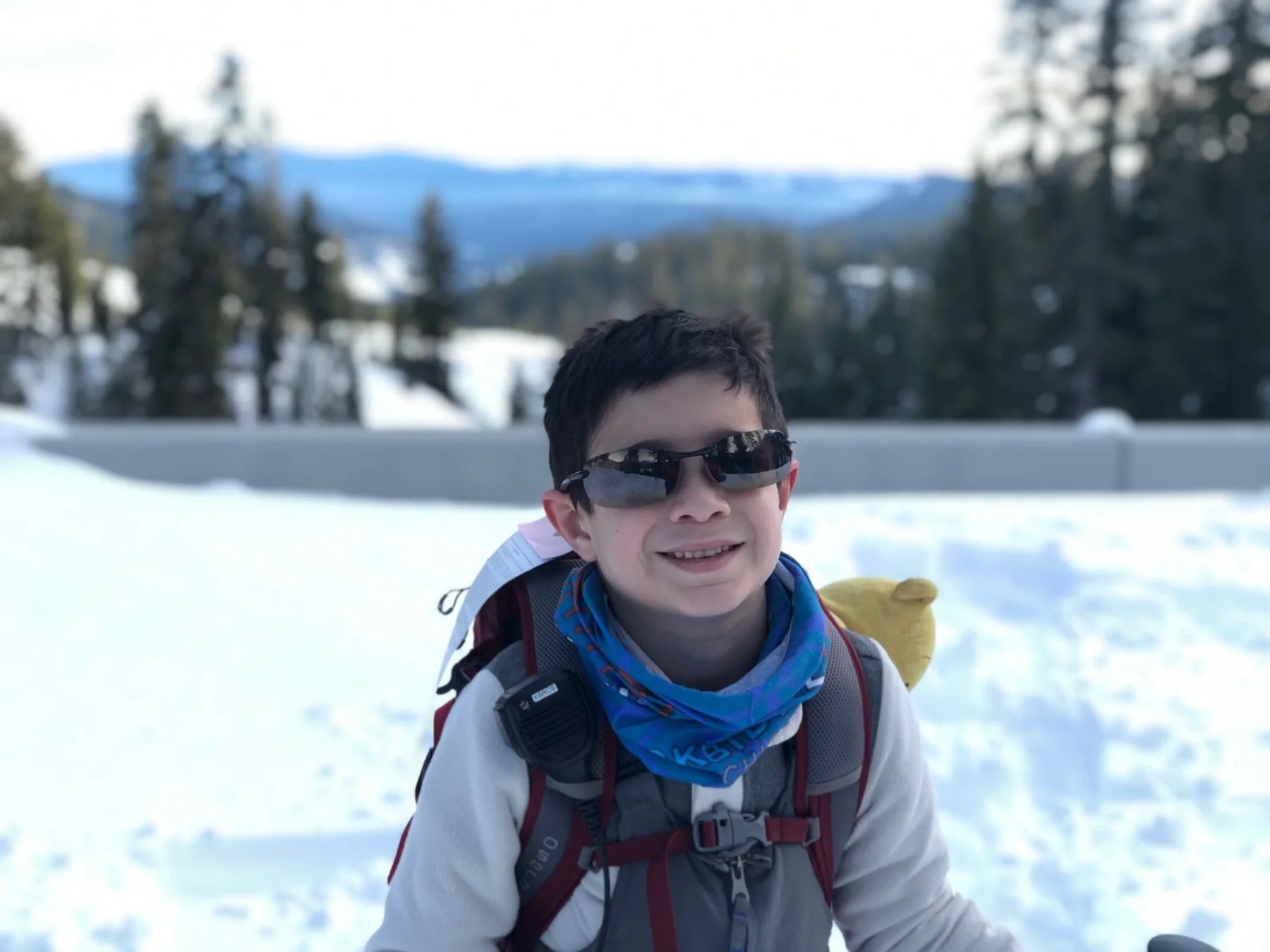 A Stone family winter outing with backpack and snow gear