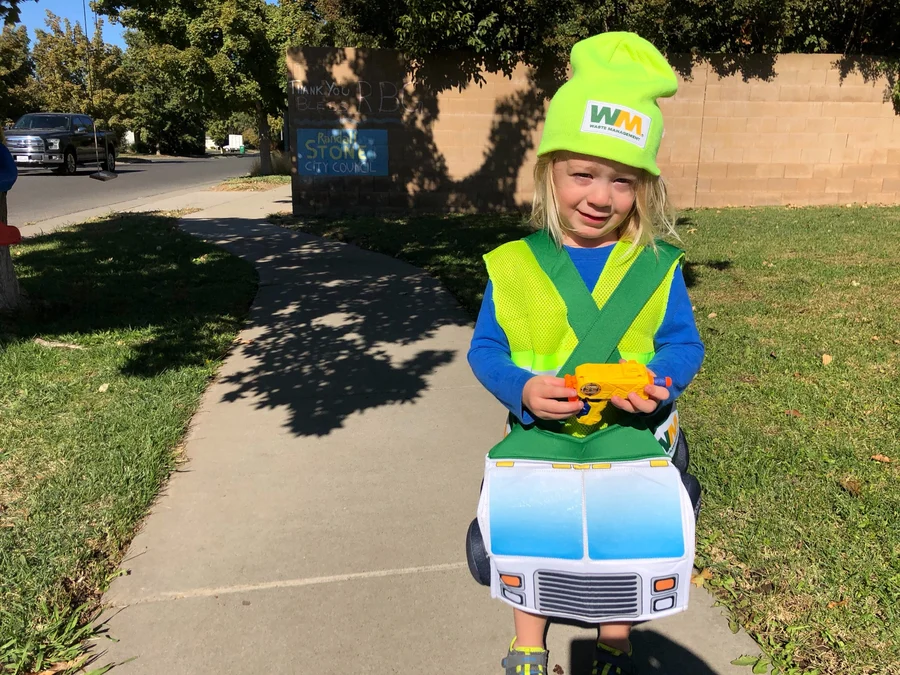 Karden Stone in a Waste Management costume