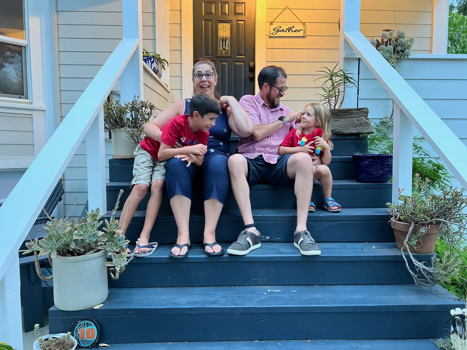 Stone family on the front porch during an unscripted Fourth of July moment