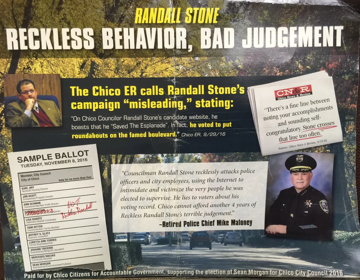 Reverse side of a 2016 opposition campaign mailer directed at Randall Stone