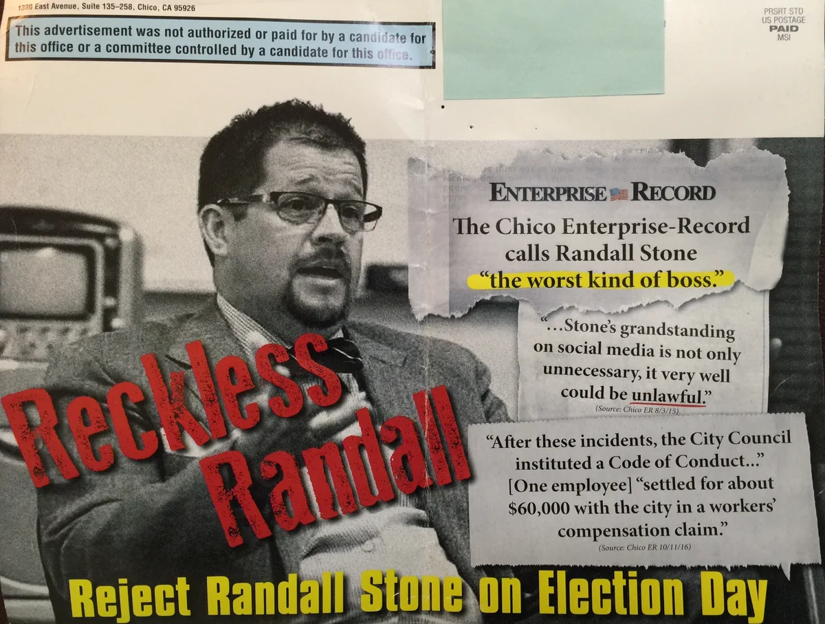 2016 opposition campaign mailer directed at Randall Stone with the headline Reckless Randall