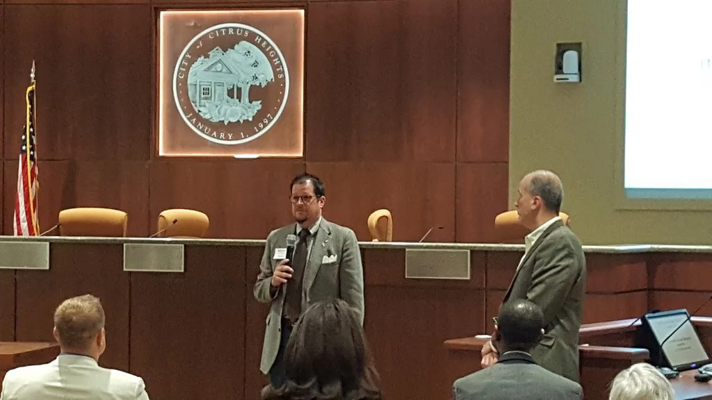 Randall Stone speaking in the Citrus Heights City Council chambers while representing Chico and the Sacramento Valley Division of the League of California Cities