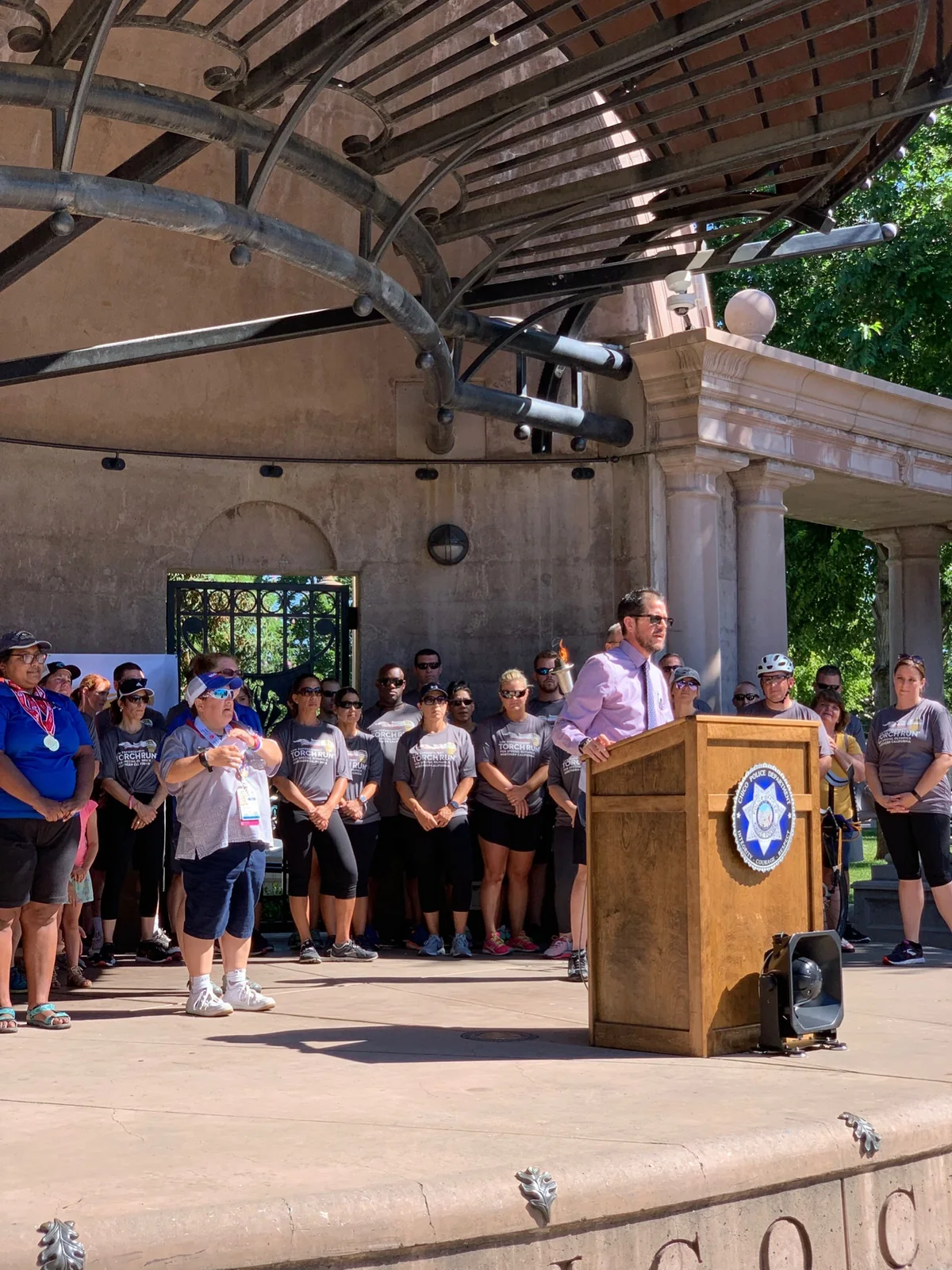 Randall Stone speaking at the Law Enforcement Torch Run supporting Special Olympics Butte County