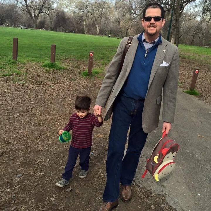 Randall Stone walking through Bidwell Park with young Rhys