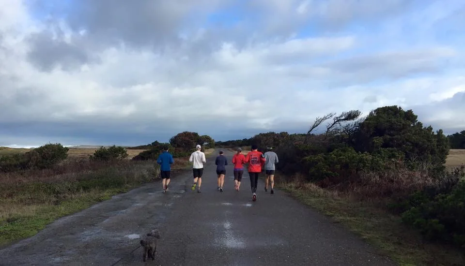 The Village running together on Haul Road from Nye Ranch in Fort Bragg, California