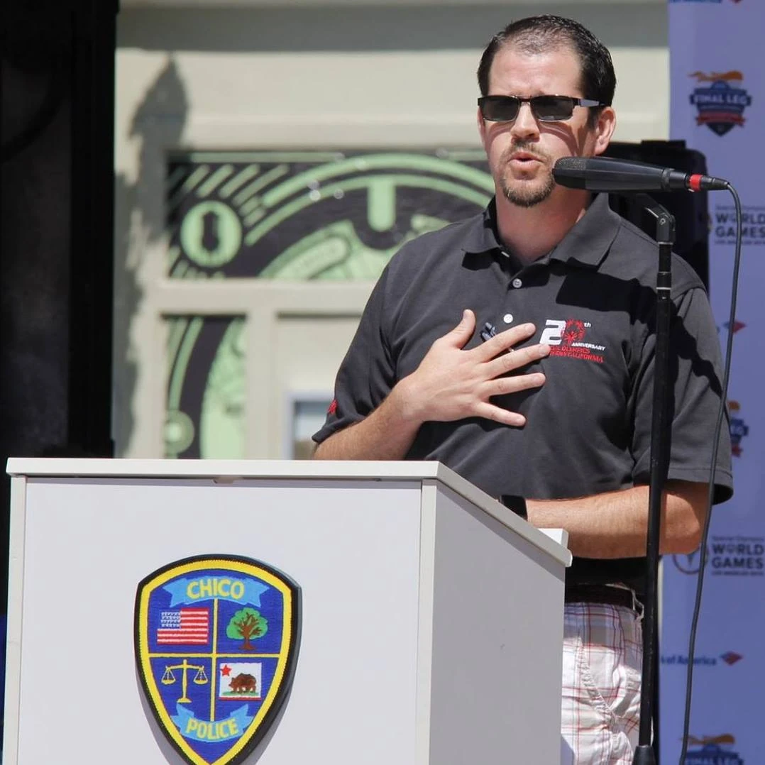 Randall Stone speaking at a Chico Police public event