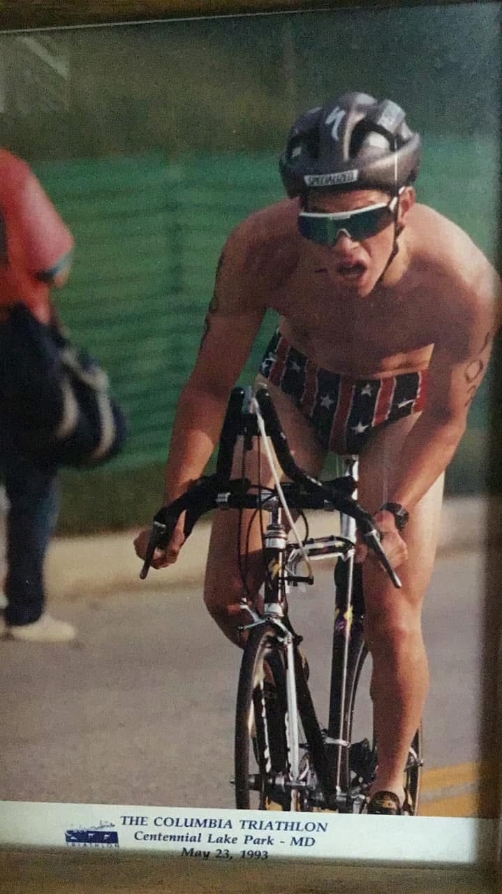 Randall Stone riding during the Columbia Triathlon at Centennial Lake Park, Maryland, May 23, 1993