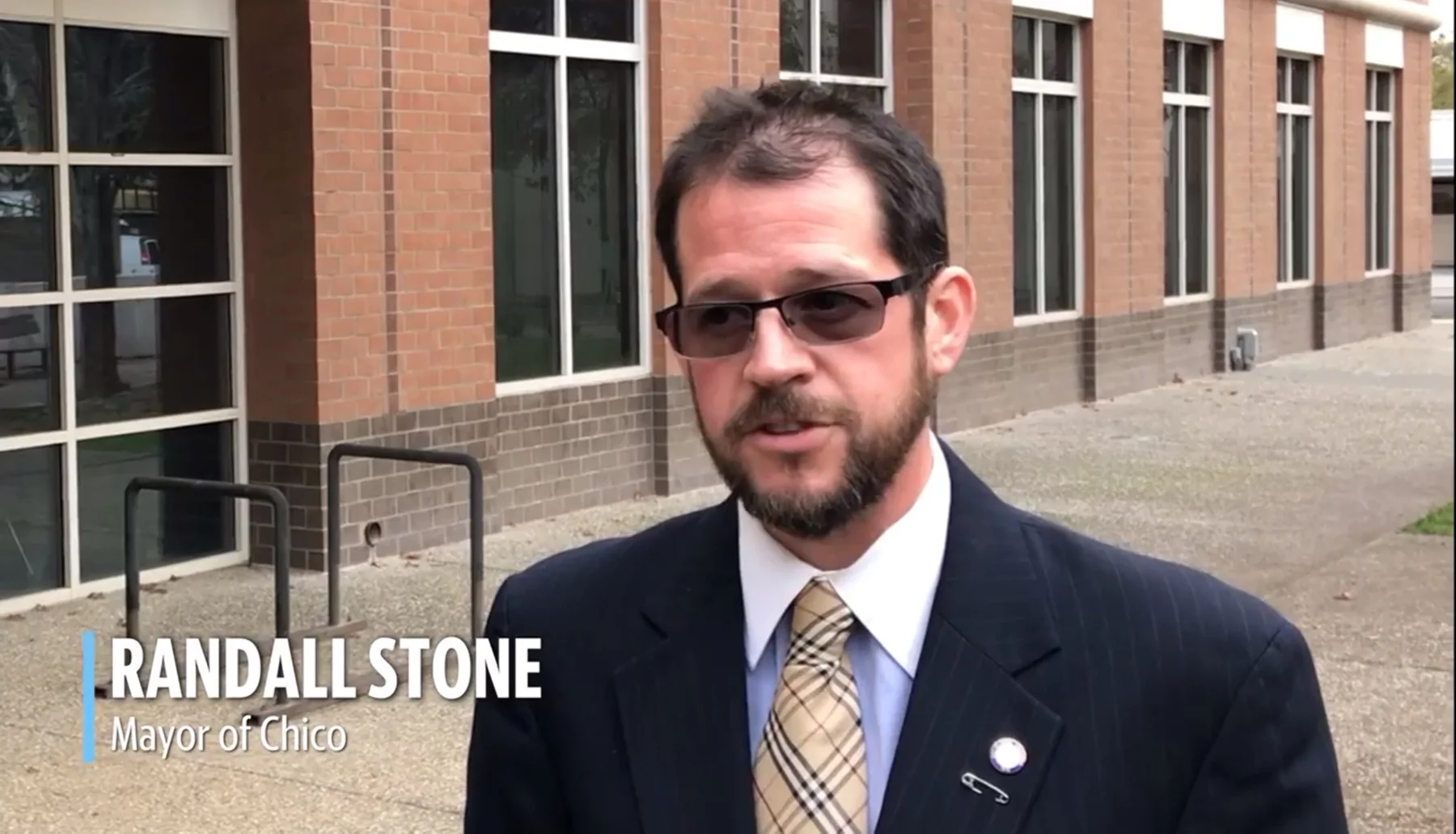 Television interview frame identifying Randall Stone as Mayor of Chico