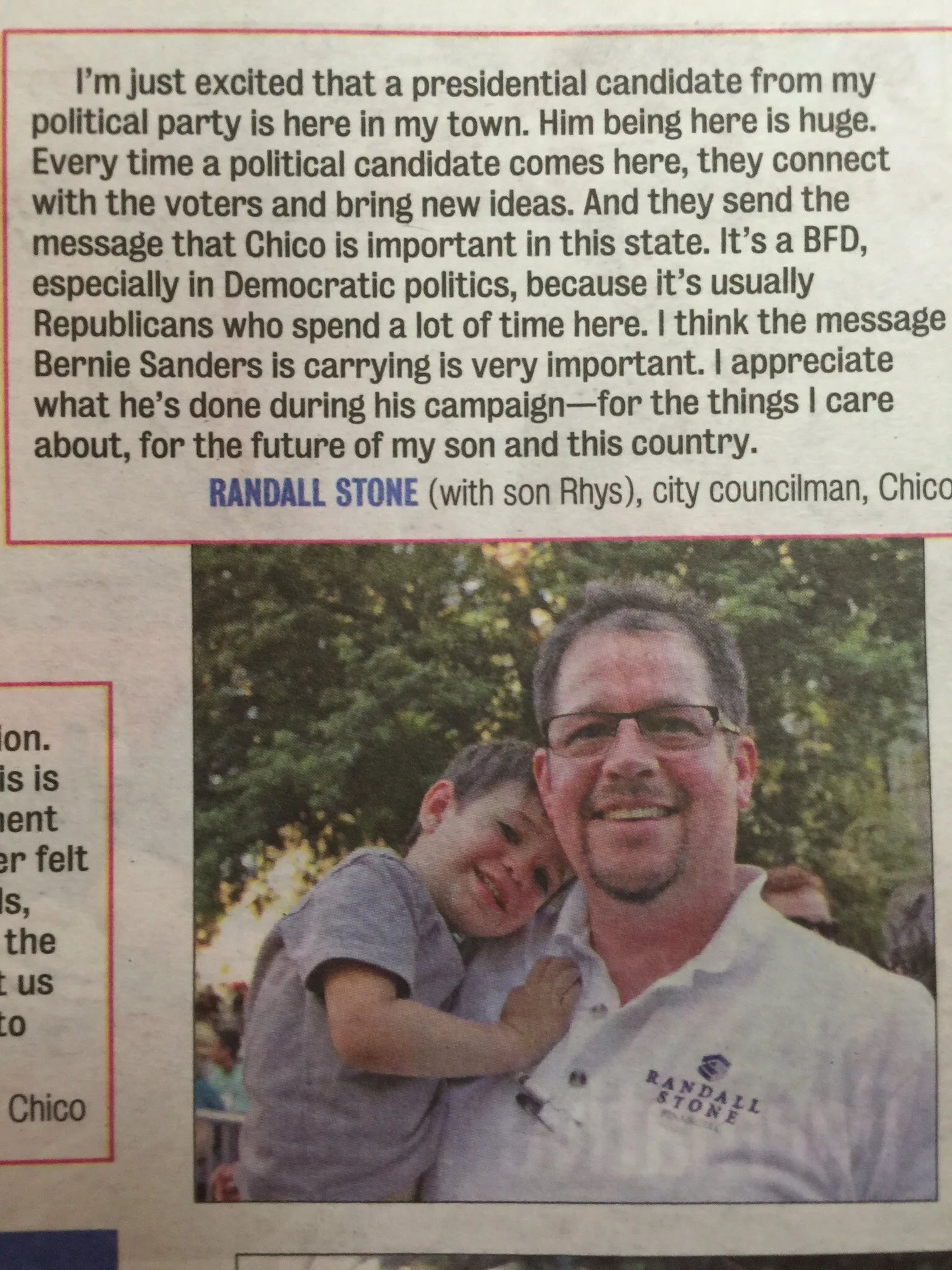 Newspaper clipping featuring Randall Stone holding his son Rhys during a presidential campaign visit to Chico