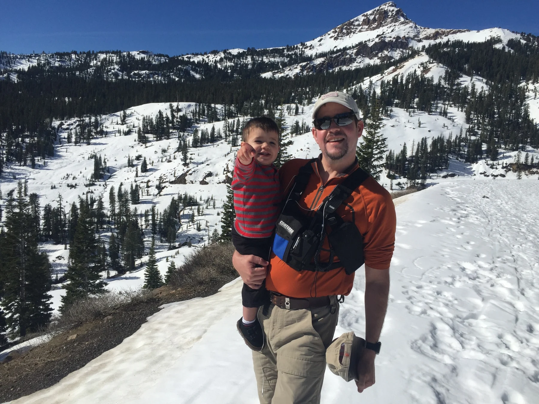 Randall Stone and Rhys Stone cross-country skiing in Lassen Volcanic National Park