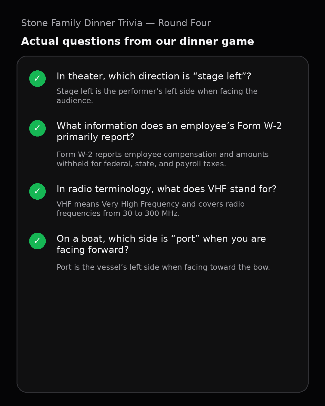 Stone Family Dinner Trivia round four screen showing an amateur radio emergency-frequency question with four choices