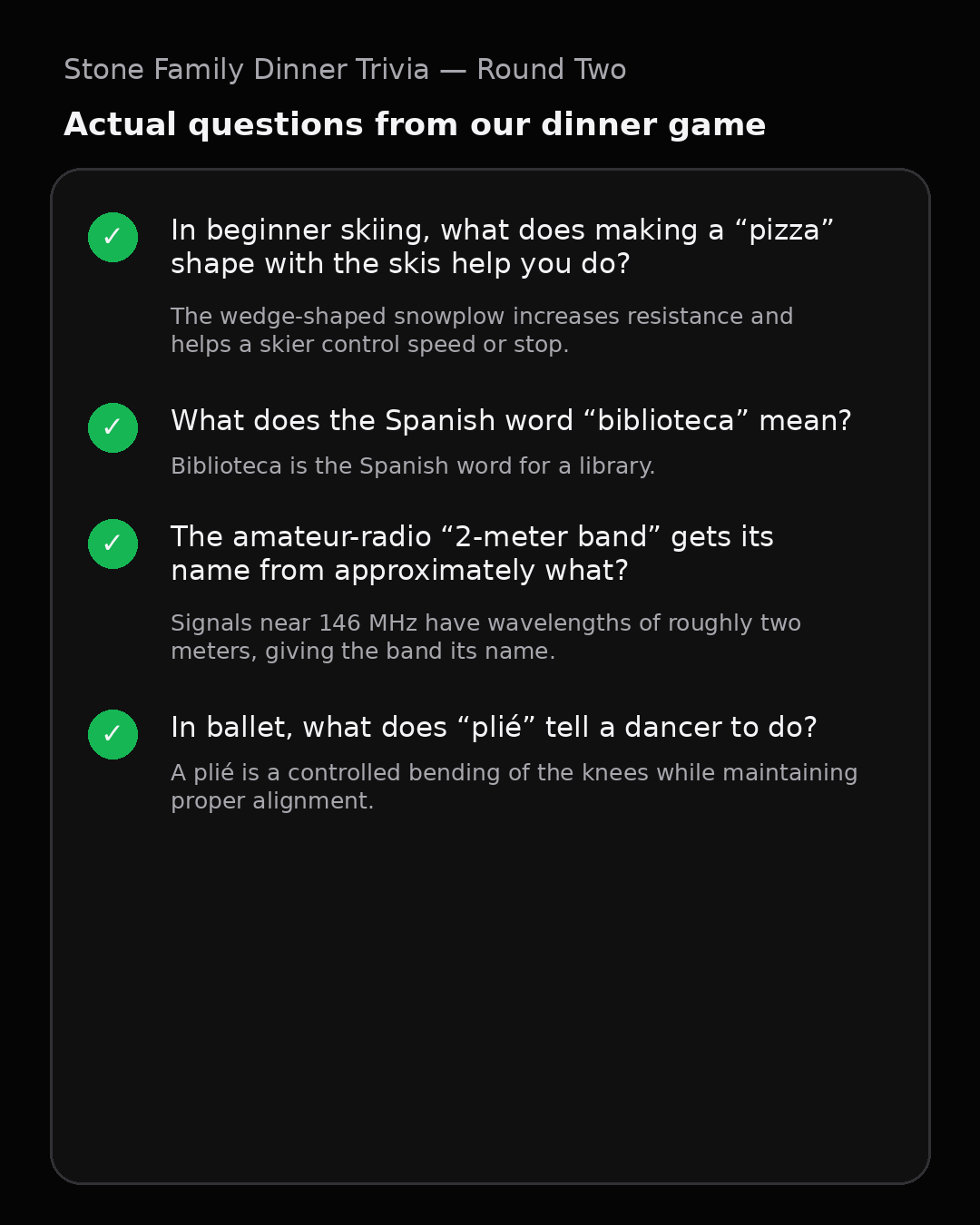Stone Family Dinner Trivia round two screen showing a Minecraft Creeper question with four choices